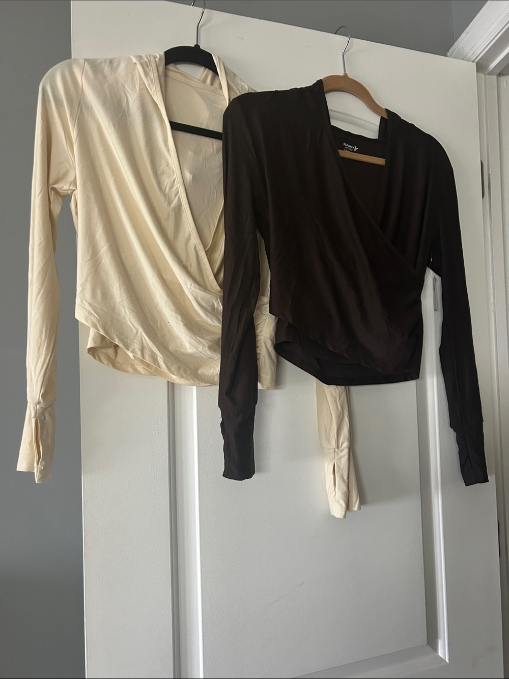 Wrap-Front Long-Sleeve Top - Cream and brown NEW